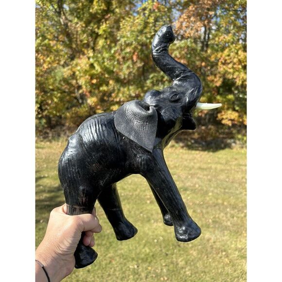 Vintage Leather Wrapped Elephant Statue W Tusks, Trunk Up Black 13”L x 13”H - Picture 2 of 13